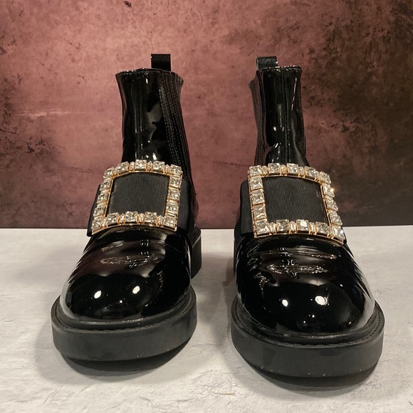 Ocandy Shoes Shiny Black Ankle Boots Crystal Buckle Rubber Soles
